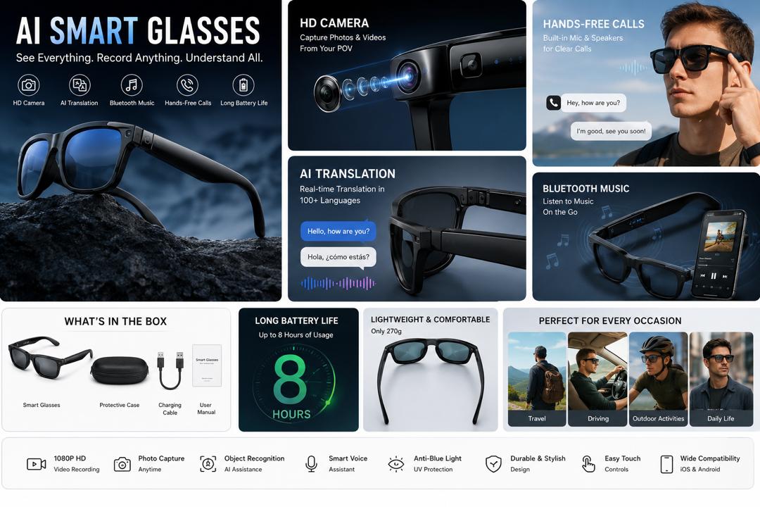 M01 HD Camera Identifying Objects Through Graph AI Translation Intelligence Glasses